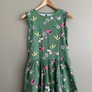 Tea Collection Green Dress with Bird and Flower Print